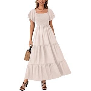 image:imageLYANER Womens Casual Summer Midi Dress Ruffle Short Sleeve Square Neck Smocked Tiered Ruffle DressesDark Beige