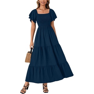 image:imageLYANER Womens Casual Summer Midi Dress Ruffle Short Sleeve Square Neck Smocked Tiered Ruffle DressesDark Blue