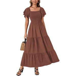 image:imageLYANER Womens Casual Summer Midi Dress Ruffle Short Sleeve Square Neck Smocked Tiered Ruffle DressesDark Brown