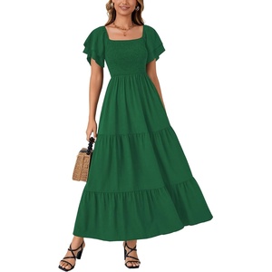 image:imageLYANER Womens Casual Summer Midi Dress Ruffle Short Sleeve Square Neck Smocked Tiered Ruffle DressesDark Green
