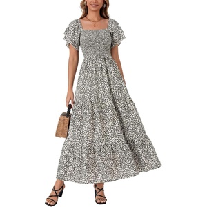 image:imageLYANER Womens Casual Summer Midi Dress Ruffle Short Sleeve Square Neck Smocked Tiered Ruffle DressesFloral White