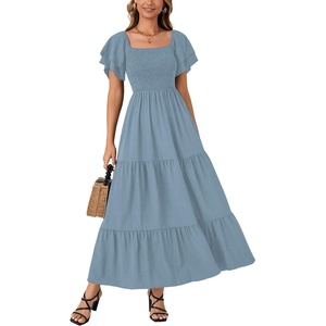 image:imageLYANER Womens Casual Summer Midi Dress Ruffle Short Sleeve Square Neck Smocked Tiered Ruffle DressesHazy Blue