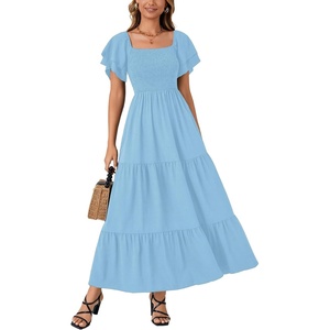 image:imageLYANER Womens Casual Summer Midi Dress Ruffle Short Sleeve Square Neck Smocked Tiered Ruffle DressesLight Blue