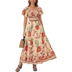 image:imageLYANER Womens Casual Summer Midi Dress Ruffle Short Sleeve Square Neck Smocked Tiered Ruffle DressesOrange Red Toucan