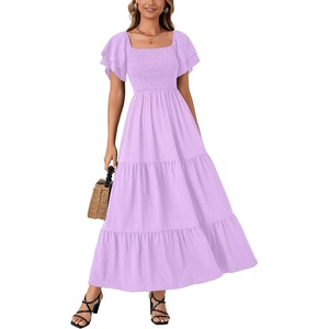 image:imageLYANER Womens Casual Summer Midi Dress Ruffle Short Sleeve Square Neck Smocked Tiered Ruffle DressesPurple