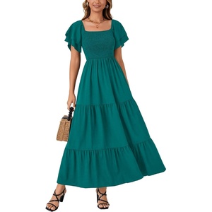 image:imageLYANER Womens Casual Summer Midi Dress Ruffle Short Sleeve Square Neck Smocked Tiered Ruffle DressesRibbon Green