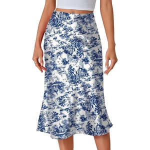 image:imageLYANER Womens Satin Silky Midi Skirt Elastic High Waist Zipper A Line Business Casual SkirtsBlue and White Porcelain