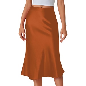 image:imageLYANER Womens Satin Silky Midi Skirt Elastic High Waist Zipper A Line Business Casual SkirtsCaramel
