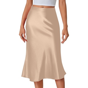 image:imageLYANER Womens Satin Silky Midi Skirt Elastic High Waist Zipper A Line Business Casual SkirtsChampagne