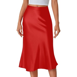 image:imageLYANER Womens Satin Silky Midi Skirt Elastic High Waist Zipper A Line Business Casual SkirtsRed