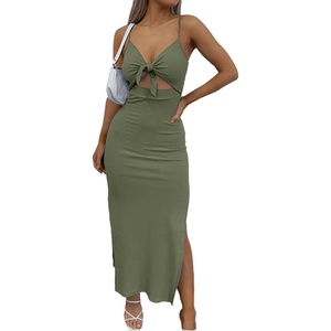 image:imageLYANER Womens Summer Tie Knot Cut Out Side Split Sleeveless Knit Bodycon Maxi Dress Sexy Vacation Long SundressArmy Green
