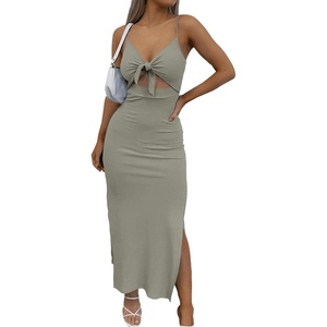 image:imageLYANER Womens Summer Tie Knot Cut Out Side Split Sleeveless Knit Bodycon Maxi Dress Sexy Vacation Long SundressBean Green