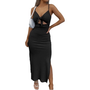 image:imageLYANER Womens Summer Tie Knot Cut Out Side Split Sleeveless Knit Bodycon Maxi Dress Sexy Vacation Long SundressBlack
