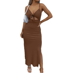 image:imageLYANER Womens Summer Tie Knot Cut Out Side Split Sleeveless Knit Bodycon Maxi Dress Sexy Vacation Long SundressCoffee