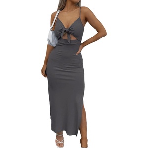 image:imageLYANER Womens Summer Tie Knot Cut Out Side Split Sleeveless Knit Bodycon Maxi Dress Sexy Vacation Long SundressDark Gray