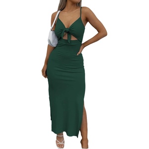 image:imageLYANER Womens Summer Tie Knot Cut Out Side Split Sleeveless Knit Bodycon Maxi Dress Sexy Vacation Long SundressDark Green