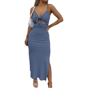 image:imageLYANER Womens Summer Tie Knot Cut Out Side Split Sleeveless Knit Bodycon Maxi Dress Sexy Vacation Long SundressGrayish Blue
