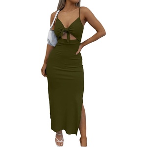 image:imageLYANER Womens Summer Tie Knot Cut Out Side Split Sleeveless Knit Bodycon Maxi Dress Sexy Vacation Long SundressLight Green