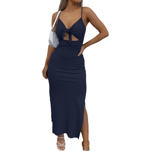 image:imageLYANER Womens Summer Tie Knot Cut Out Side Split Sleeveless Knit Bodycon Maxi Dress Sexy Vacation Long SundressNavy Blue
