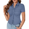 image:imageLYANER Womens Collar V Neck Button Slim Fitted Blouse Ribbed Knit Short Sleeve Shirt Going Out TopDark Blue