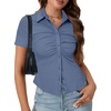 image:imageLYANER Womens Collar V Neck Button Slim Fitted Blouse Ribbed Knit Short Sleeve Shirt Going Out TopDark Blue