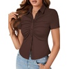 image:imageLYANER Womens Collar V Neck Button Slim Fitted Blouse Ribbed Knit Short Sleeve Shirt Going Out TopDark Brown