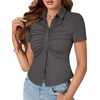 image:imageLYANER Womens Collar V Neck Button Slim Fitted Blouse Ribbed Knit Short Sleeve Shirt Going Out TopDark Gray