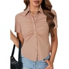 image:imageLYANER Womens Collar V Neck Button Slim Fitted Blouse Ribbed Knit Short Sleeve Shirt Going Out TopKhaki