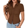 image:imageLYANER Womens Collar V Neck Button Slim Fitted Blouse Ribbed Knit Short Sleeve Shirt Going Out TopLight Brown