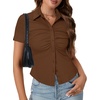 image:imageLYANER Womens Collar V Neck Button Slim Fitted Blouse Ribbed Knit Short Sleeve Shirt Going Out TopLight Brown