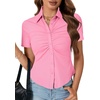 image:imageLYANER Womens Collar V Neck Button Slim Fitted Blouse Ribbed Knit Short Sleeve Shirt Going Out TopLight Pink