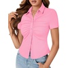 image:imageLYANER Womens Collar V Neck Button Slim Fitted Blouse Ribbed Knit Short Sleeve Shirt Going Out TopLight Pink