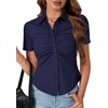 image:imageLYANER Womens Collar V Neck Button Slim Fitted Blouse Ribbed Knit Short Sleeve Shirt Going Out TopNavy