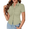 image:imageLYANER Womens Collar V Neck Button Slim Fitted Blouse Ribbed Knit Short Sleeve Shirt Going Out TopPea Green