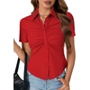 image:imageLYANER Womens Collar V Neck Button Slim Fitted Blouse Ribbed Knit Short Sleeve Shirt Going Out TopRed