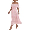 image:imageLYANER Womens Cotton Gingham Plaid Off Shoulder Short Sleeve Tiered Smocked Beach Midi SundressPink