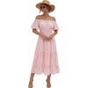 image:imageLYANER Womens Cotton Gingham Plaid Off Shoulder Short Sleeve Tiered Smocked Beach Midi SundressPink