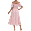image:imageLYANER Womens Cotton Gingham Plaid Off Shoulder Short Sleeve Tiered Smocked Beach Midi SundressPink