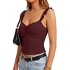 image:imageLYANER Womens Cute Tank Tops Sweetheart Neck Ruffle Strap Ruched Sleeveless Ribbed Knit Cami TopDark Red