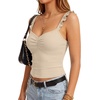 image:imageLYANER Womens Cute Tank Tops Sweetheart Neck Ruffle Strap Ruched Sleeveless Ribbed Knit Cami TopKhaki