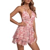 image:imageLYANER Womens Halter Deep V Neck Backless Ruffle Sleeveless Sexy Skater Mini DressCoral Pink Print