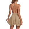 image:imageLYANER Womens Halter Deep V Neck Backless Ruffle Sleeveless Sexy Skater Mini DressDark Khaki