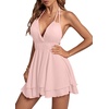 image:imageLYANER Womens Halter Deep V Neck Backless Ruffle Sleeveless Sexy Skater Mini DressLight Pink