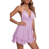 image:imageLYANER Womens Halter Deep V Neck Backless Ruffle Sleeveless Sexy Skater Mini DressLight Purple