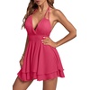 image:imageLYANER Womens Halter Deep V Neck Backless Ruffle Sleeveless Sexy Skater Mini DressPlain Rose Red
