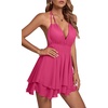 image:imageLYANER Womens Halter Deep V Neck Backless Ruffle Sleeveless Sexy Skater Mini DressSolid Rose
