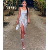 image:imageLYANER Womens Satin Spaghetti Straps Cowl Neck Sexy Ruch Cocktail Midi DressesBeige