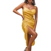 image:imageLYANER Womens Satin Spaghetti Straps Cowl Neck Sexy Ruch Cocktail Midi DressesYellow