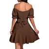 image:imageLYANER Womens Square Neck Ruffle Mini Dress Off The Shoulder Short Sleeve A Line Flowy Graduation DressesPure Dark Brown