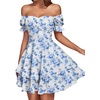 image:imageLYANER Womens Tie Back Off Shoulder Wrap Layer Ruffle A Line Short Sleeve Casual Mini DressBlue White Print